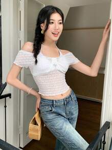 SHEIN LUNE Áo cánh ren hở thêu thanh lịch cho nữ - trắng - Xem 5