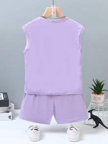 SHEIN 男童夏季圆领可爱印花上衣和短裤运动套装