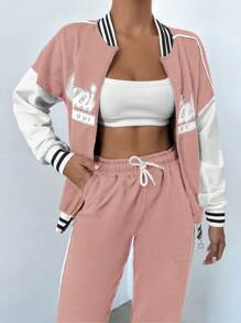 EURMUSE Letter Graphic Drop Shoulder Bomber Jacket & Drawstring Waist Sweatpants - Pink - View 6