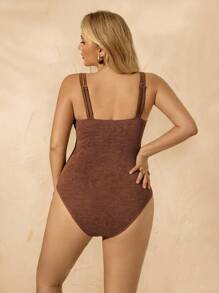 Elaquor Plus Size Women Beach Holiday Backless One-Piece Swimsuit - Brown - View 4