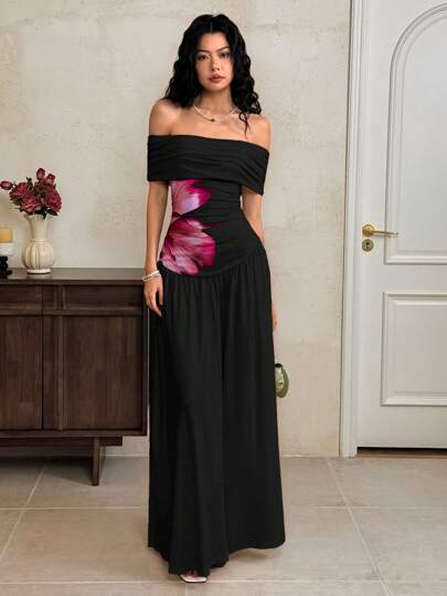 EastFlair Women's Floral Print Ruffle Elegant Off-Shoulder Long Dress Women Dresses Birthday Women Birthday Women Casual Dress Woman S Summer Clothes Women Clothes Off The Shoulder Formal Dress Black Off The Shoulder Maxi Dress Long Black Formal Dress Black Floral Print Maxi Dress/Vacation/Wedding Guest Dress