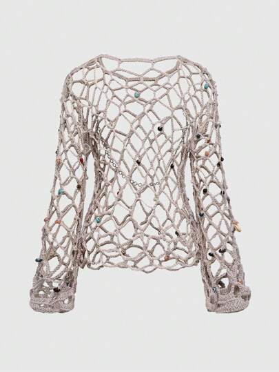 Fairycore Blusa holgada y delgada de estilo de vacaciones para mujer con cadena de cuentas calada