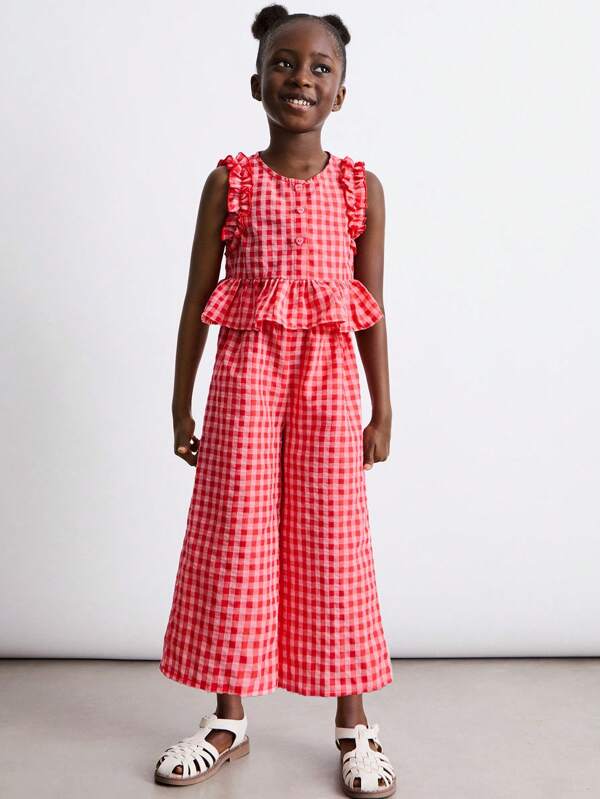 THE HAPPY LOOK Young Girl Casual Plaid Print Tank Top And Pants 2 Pieces Set, Summer