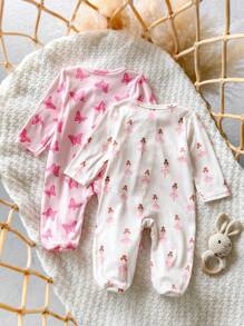 SHEIN Dozemod 新生女婴 2 件套花卉图案圆领长袖前拉链连体柔软睡衣 - 彩色 - 查看 2