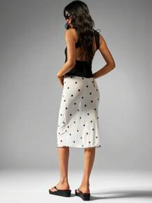 MISSGUIDED Retro Polka Dot Midi Skirt High Waist Lettuce Hem Summer Spring Feminine Side Bow Detail Casual Party Vacation Evening - Black and White - View 2