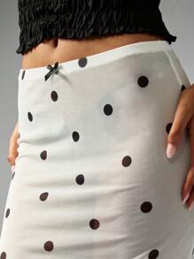 MISSGUIDED Retro Polka Dot Midi Skirt High Waist Lettuce Hem Summer Spring Feminine Side Bow Detail Casual Party Vacation Evening - Black and White - View 3
