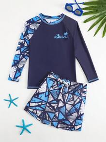 Tween Boy Palm Tree Print Raglan Long Sleeve Top And Shorts Swimsuit Set