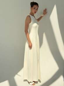 Aloruh Nuevo vestido elegante y a la moda de ajuste ceñido, en color liso, con cuello dividido de punto, sin mangas, con fruncidos