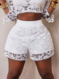 BamGleam Shorts Soltos e Elegantes de Verão/Primavera com Estampa Floral Vazada e Cor Lisa para Mulheres