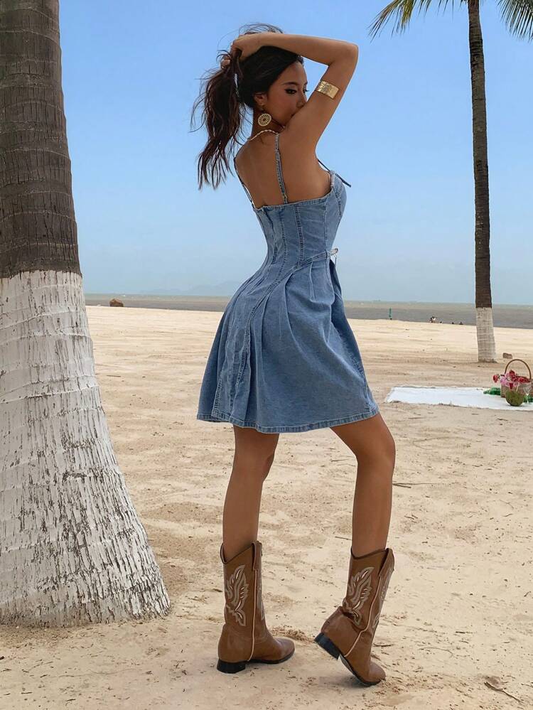 Women's Summer Fringe Patchwork Split Bowknot Pleated Waist Ruffled Camisole Denim Dress