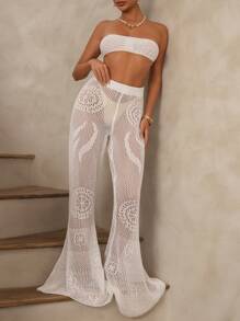 Swim Chiccia Conjunto de 2 piezas para verano: top corto calado de unicolor sin espalda y pantalones acampanados de talle alto tipo pareo para cubrir el traje de baño - Blanco - Ver 2