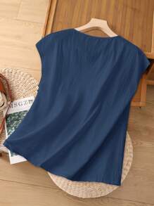 Rusticease Women Solid Color Notch Collar Casual Versatile Cap Sleeve Shirt - Navy Blue - View 2