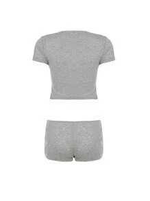 2pcs/Set Casual Summer Short Sleeve Light Gray T-Shirt & Ultra-Short Shorts Set - Light Grey - View 6