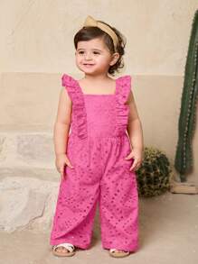SHEIN Newborn Baby Girl Cute Ruffled Embroidered Jumpsuit, Summer - Pink - View 4