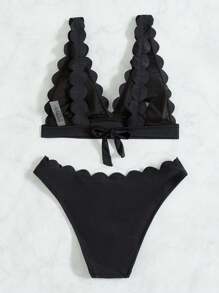 Swim Vcay 2件套夏季优雅黑色激光切割花卉短款上衣和高腰内裤比基尼套装 - 黑色 - 查看 2
