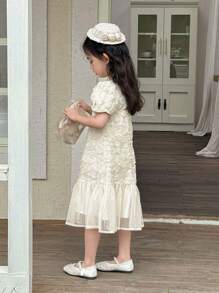 Dazy Kids 女童圆领休闲纹理网纱拼接花卉中长款夏季短袖派对生日连衣裙