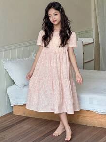 Dazy Kids 女童花卉印花圆领短袖家居服连衣裙，加大码，夏季 - 粉色 - 查看 6