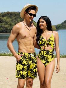 Manfinity VDAYZ Men's Palm Tree Print Drawstring Waist Pocket Beach Shorts (Print Messy Cut), Hawaiian - Multicolor - View 6