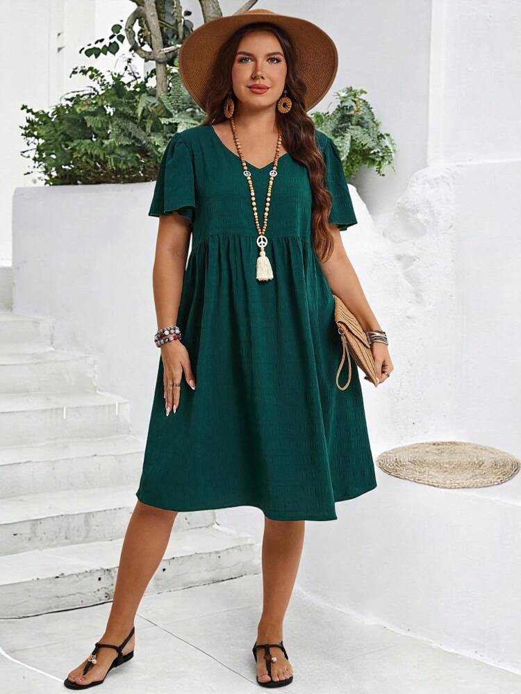 Plus Size Summer Vacation Casual Simple Solid V-Neck Ruffle Sleeve Dress ,Women Summer Clothes,Spring