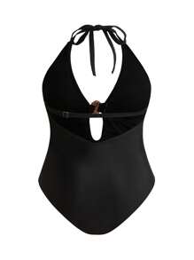 SHEIN Swim Curve Plus Size Solid Color Halter Strappy Hollow Metal Buckle Decor One-Piece Swimsuit For Summer