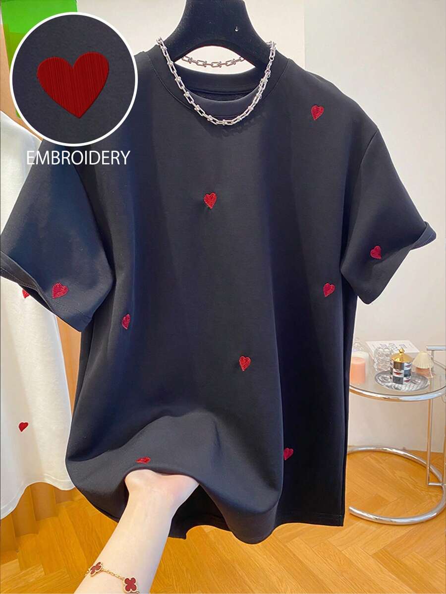 SHEIN 大码爱心刺绣休闲短袖圆领上衣 - 黑色 - 查看 1
