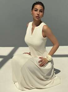 Aloruh Nuevo vestido elegante y a la moda de ajuste ceñido, en color liso, con cuello dividido de punto, sin mangas, con fruncidos