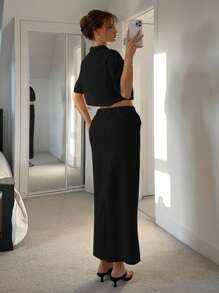 Siren Gaze 2件套女士纯色短袖拉链短款上衣和裙子女士夏装女士夏季套装女士夏装女士加大码商务休闲女士加大码正式纯棉两件套女士两件套裙子女士两件套休闲套装女士拉链两件套衬衫和裙子套装