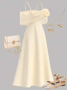 SHEIN Girlism 少女 3D 花朵装饰褶饰双层 A 字裙，适合节日、派对、正式场合、婚礼、返校季