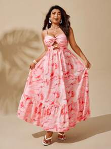 Sunserae Tie Dye Pattern Twist Ruched Waist Maxi A-Line Flare Hem Elegant Romantic Vacation Summer Plus Size Dress Tropical Colorblock Floral Print Boho Fashionable Style