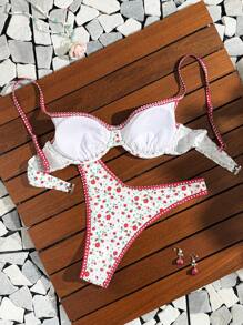 Swim Mod 2pcs Set Leisure Vacation Bikini Set, Printed Random Thin Strap With Underwire Contrast Trim, Made Of Textured Fabric For Summer - Multicolor - View 4