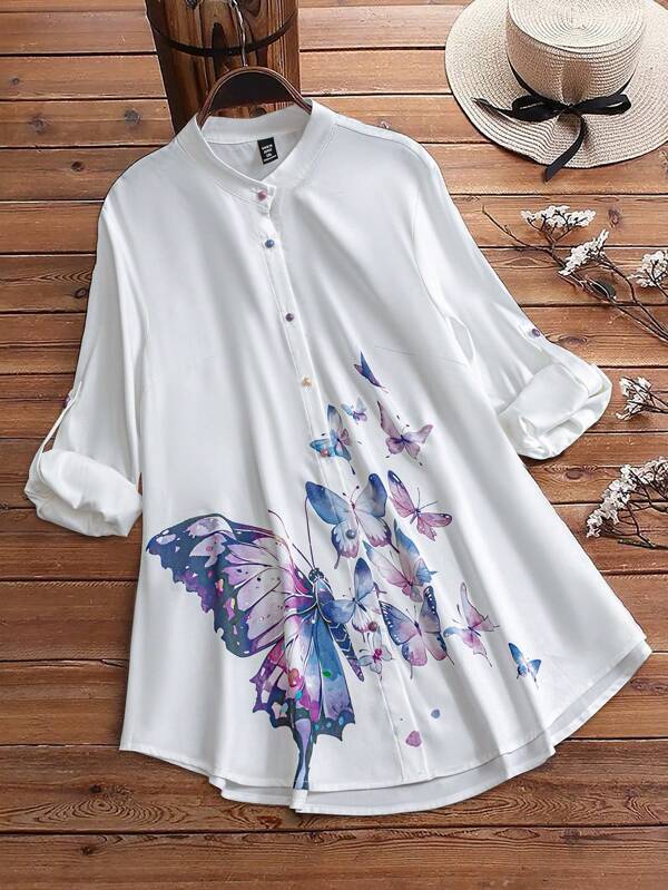 Lacomfia Plus Size Women's Round Neck Single-Breasted Butterfly Pattern Casual Arabic Style Blouse
