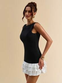 SHEIN BAE Women's Sleeveless Backless Low Waist Contrast Color Dress, Summer - Black and White - View 6