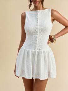 SHEIN BAE Bộ đồ liền thân không tay màu trắng trơn mùa hè dành cho nữ có nút cài và viền loe - trắng - Xem 7