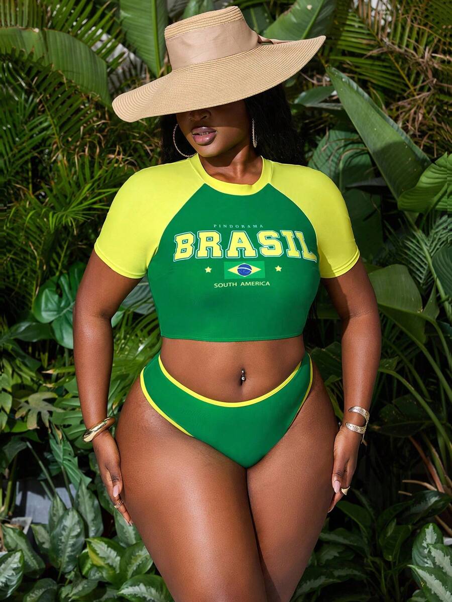 Slaydiva Plus Size Women Sporty Brazilian Flag Element Half Sleeve Splicing Printed Two Pieces Swimwear, Summer Sports Beach Swimwear - Multicolor - View 1