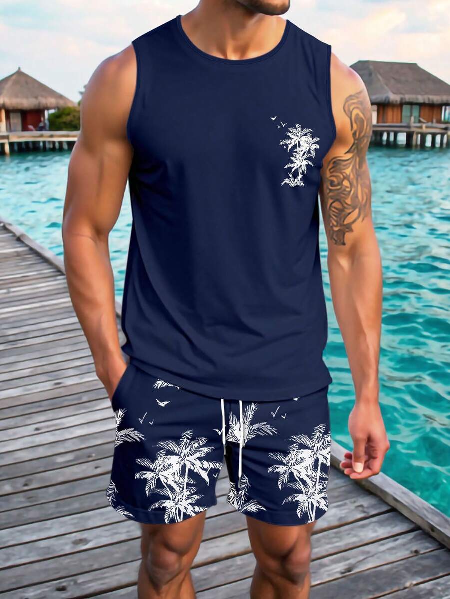 Manfinity RSRT Men's Coconut Tree Printed Sleeveless Tank Top And Shorts Set, Hawaiian Suit, Summer Two Pieces Set Beach Vacation Outfits, Cozy Outfits
