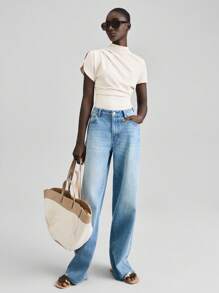 Ontre 2025 New Independence Day Women's Teacher, Stretchy Fabric, Comfortable Casual Style, Apricot Color Knit Top, Short Sleeve, Stand Collar, Versatile For All Seasons, Daily Wear, Comfortable Casual Women's T-Shirt