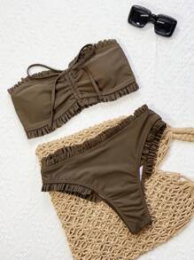 Swim Vcay Bộ bikini đi biển liền thân dây rút họa tiết ren trơn mùa hè mới cho bé gái Đồ bơi Tankini cho bé gái - Cà phê nâu - Xem 3