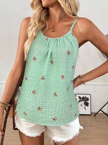 SHEIN LUNE Áo hai dây xếp ly in nơ sọc dành cho nữ - màu xanh lá - Xem 4