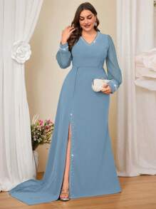 Coutiva Plus Size Elegant Blue Knit Bubble Patchwork Bodycon Dress - Baby Blue - View 3