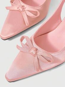 ROMWE Kawaii 女士粉色可爱蝴蝶结小猫跟凉鞋时尚尖头性感金色方跟松紧带简约高跟女鞋 - 粉色 - 查看 5