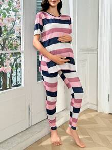 Moonlight&Mama 2件套休闲条纹V领宽松孕妇上衣和紧身裤套装假日季节