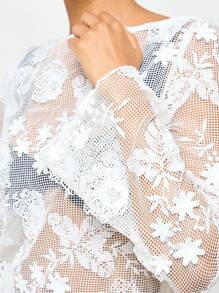 AiiRZ Robe de plage en maille transparente à manches longues et mini-robe florale. Couvre-maillot de bain d'été, tenue de vacances et de plage, robe de piscine - Blanc - Voir 4