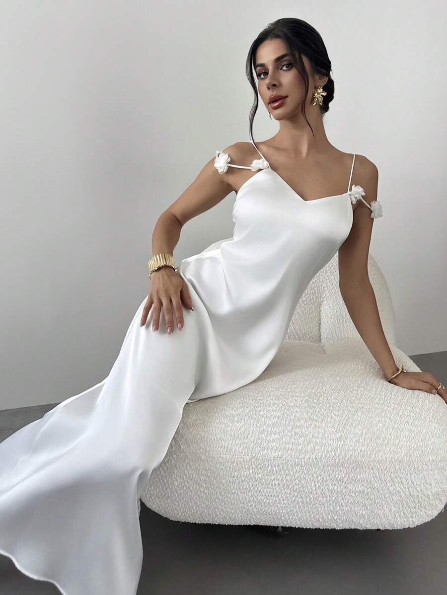 Firerie 女士优雅新款缎面面料连衣裙立体花朵吊带度假装白色裙子露背连衣裙婚礼派对伴娘服适合海滩度假花园派对浪漫婚礼季伴娘户外活动/夏季服装/毕业礼服/节日服装