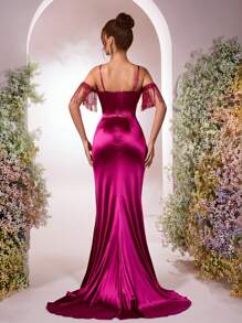 Glamrae Elegant Luxurious Fuchsia Sequins Embroidered Satin Bodice Sleeveless Open Shoulder Ruffle Trim Sexy Thigh High Slit Mermaid Prom Dress With Train, Suitable For Date, Singles Party, Graduation, Wedding, Formal Gala, Gown, For Evening, Wedding Guest - Hot Pink - View 3