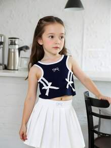 2pcs/Set Young Girl Contrast Color Trim Bow Sleeveless Top And Pleated Skirt Set - Navy Blue - View 3