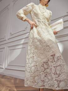 DAZY 女士优雅蕾丝泡泡袖立领中长连衣裙，春秋季长袖连衣裙 - 米色 - 查看 9