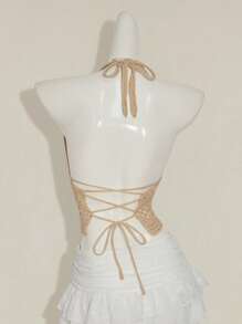 SHEIN ICON 纯色镂空领口透视休闲度假露背针织上衣 - 卡其色 - 查看 2