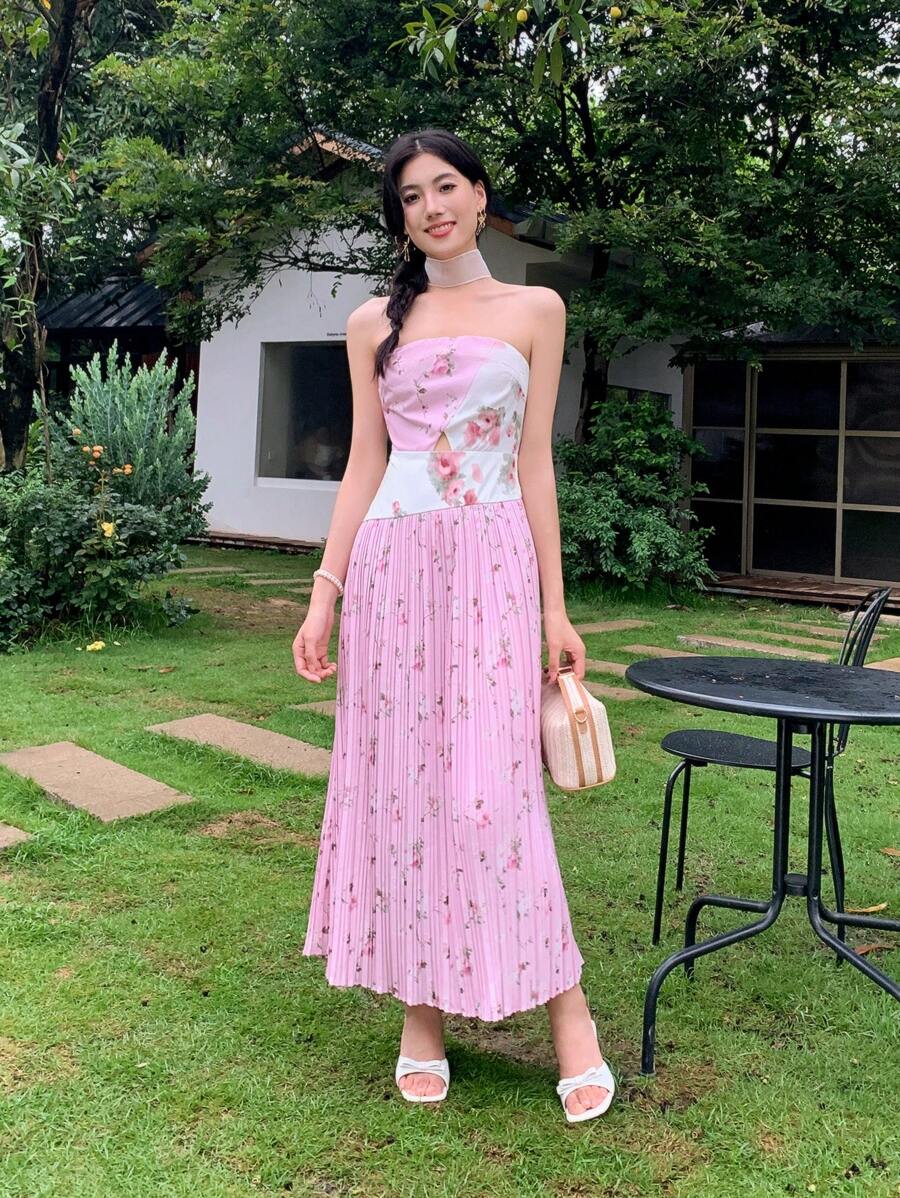 Breezaya 女士花卉印花褶饰 A 字型优雅连衣裙,适合日常通勤、度假 - 彩色 - 查看 1