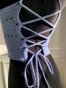 SHEIN EZwear Women's Summer Vacation Solid Color Round Neck Cropped Fitted Knitted Top - Baby Blue - View 5