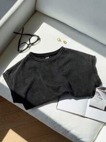 Comfortcana 女式黑色针织休闲圆领短袖T恤，百搭夏季 - 黑色 - 查看 5